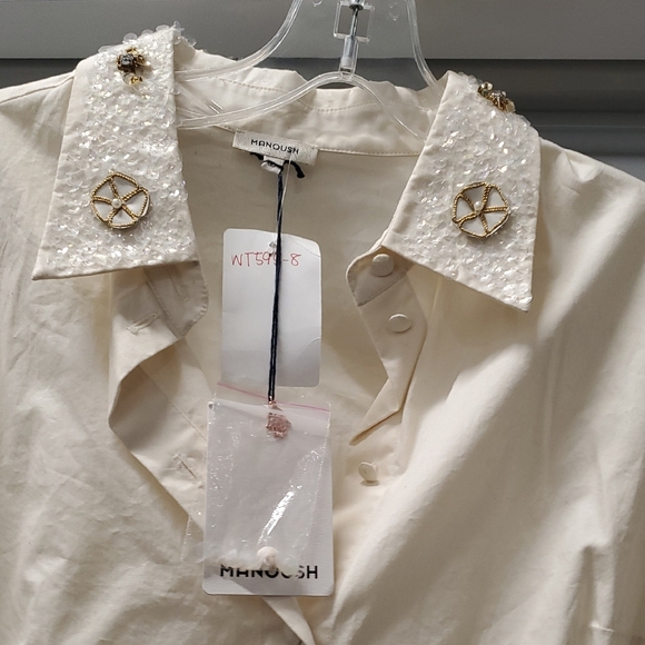 Cream Notched Embroidered Beaded Collar Button Down Shirt - Picture 2 of 9